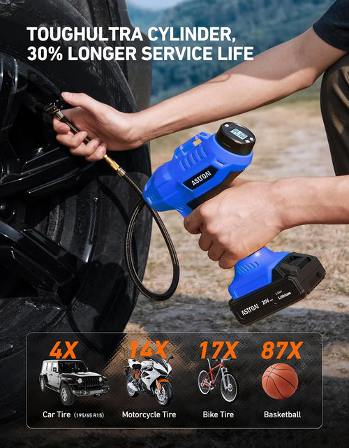 Load image into Gallery viewer, Cordless Tire Inflator Air Compressor 20V Rechargeable Battery Powered 160PSI Portable Handheld Air Pump with 12V Car Power Adapter Digital Pressure Gauge for Cars Motorcycles JY16P160-18(C2)