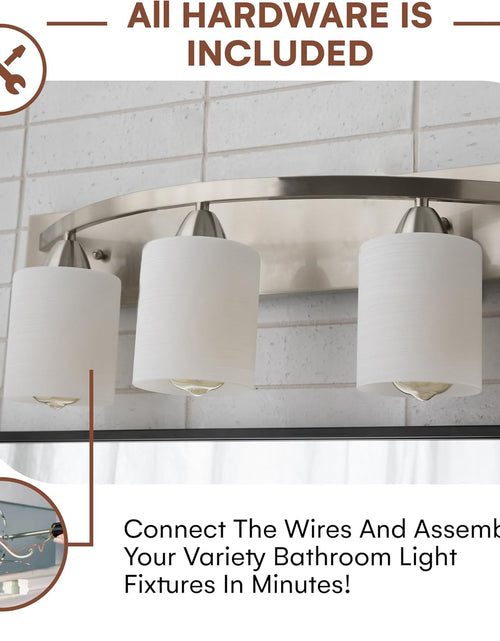 Load image into Gallery viewer, | Bathroom Vanity Light Bar | Interior Bathroom Lighting Fixtures with Modern Glass Shade | Bathroom Lights over Mirror | (Brushed Nickel, 3 Lights, E26 100W LED, Bulbs Not Included)