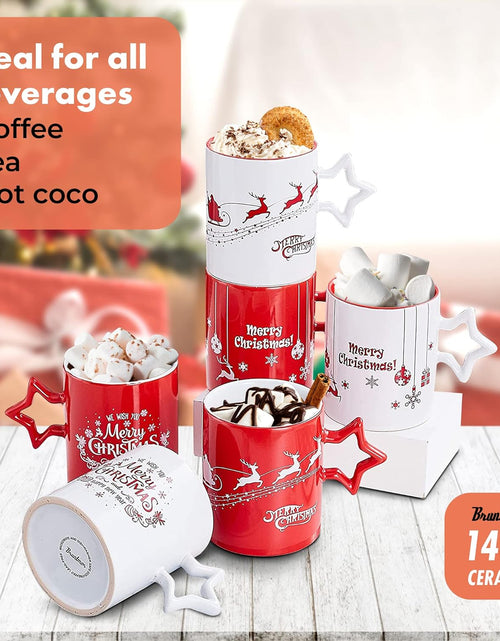 Load image into Gallery viewer, Red & White Christmas Coffee Mugs with Star Handle Set of 6 | Large-Sized Christmas Mugs 14 Ounce New Year Holidays Novelty Christmas Cups - Decorative DIY Christmas Cute Mugs for Hot or Cold