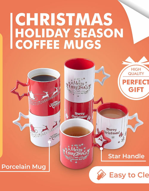 Load image into Gallery viewer, Red & White Christmas Coffee Mugs with Star Handle Set of 6 | Large-Sized Christmas Mugs 14 Ounce New Year Holidays Novelty Christmas Cups - Decorative DIY Christmas Cute Mugs for Hot or Cold
