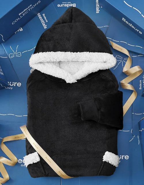 Load image into Gallery viewer, Blanket Hoodie Gifts for Men - Long-Length Wearable Hooded Blanket Sweatshirt Adult with Side Split and Belt, Warm Sherpa Fleece Blanket Jacket, Black