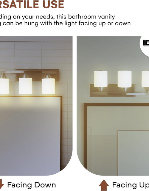 Load image into Gallery viewer, | Bathroom Vanity Light Bar | Interior Bathroom Lighting Fixtures with Modern Glass Shade | Bathroom Lights over Mirror | (Brushed Nickel, 3 Lights, E26 100W LED, Bulbs Not Included)