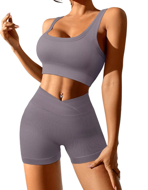 Load image into Gallery viewer, Womens High Waist Running Workout Sets Yoga Shots with Crop Tank Tops Athletic Outfits 2 Piece Sprot Sets