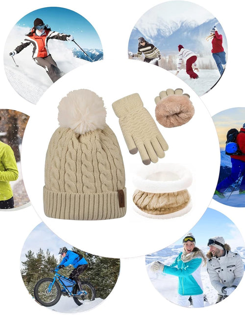 Load image into Gallery viewer, 3Pcs Winter Women Beanie Hat Scarf and Touch Screen Gloves Sets Girls Classic Knit Warm Chunky Fleece Lined Cable Cap