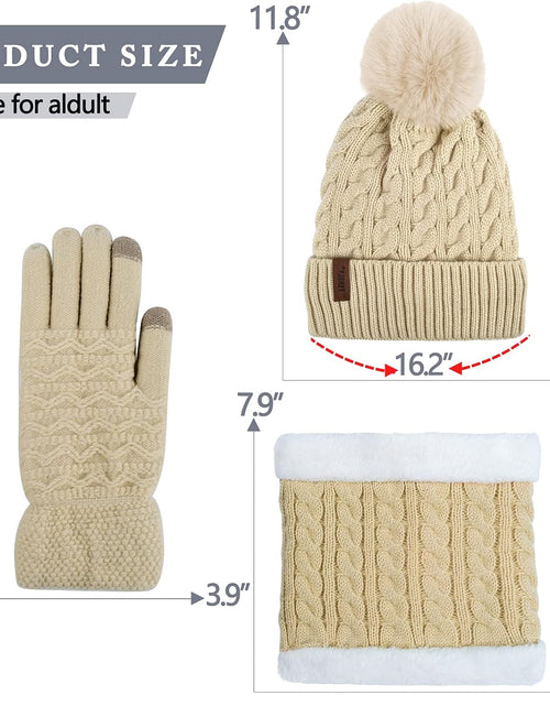Load image into Gallery viewer, 3Pcs Winter Women Beanie Hat Scarf and Touch Screen Gloves Sets Girls Classic Knit Warm Chunky Fleece Lined Cable Cap