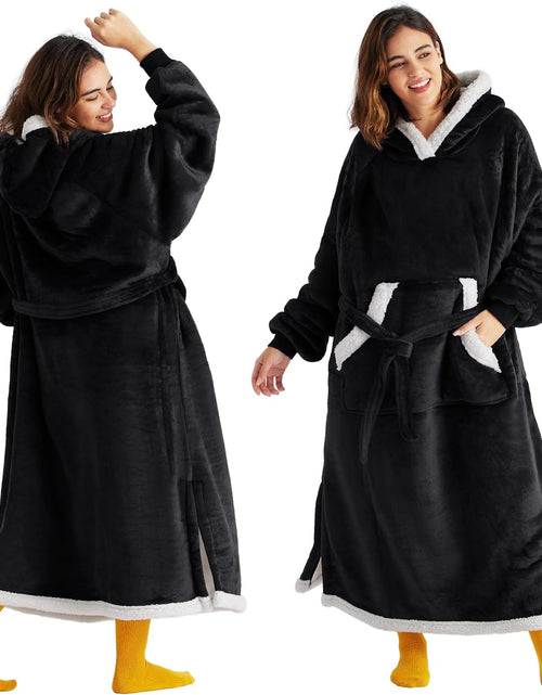 Load image into Gallery viewer, Blanket Hoodie Gifts for Men - Long-Length Wearable Hooded Blanket Sweatshirt Adult with Side Split and Belt, Warm Sherpa Fleece Blanket Jacket, Black