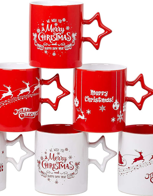 Load image into Gallery viewer, Red & White Christmas Coffee Mugs with Star Handle Set of 6 | Large-Sized Christmas Mugs 14 Ounce New Year Holidays Novelty Christmas Cups - Decorative DIY Christmas Cute Mugs for Hot or Cold