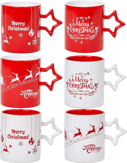 Load image into Gallery viewer, Red & White Christmas Coffee Mugs with Star Handle Set of 6 | Large-Sized Christmas Mugs 14 Ounce New Year Holidays Novelty Christmas Cups - Decorative DIY Christmas Cute Mugs for Hot or Cold