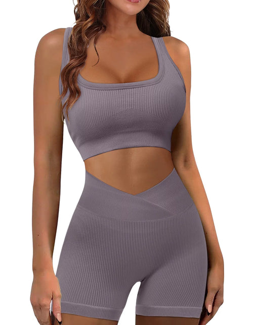 Load image into Gallery viewer, Womens High Waist Running Workout Sets Yoga Shots with Crop Tank Tops Athletic Outfits 2 Piece Sprot Sets