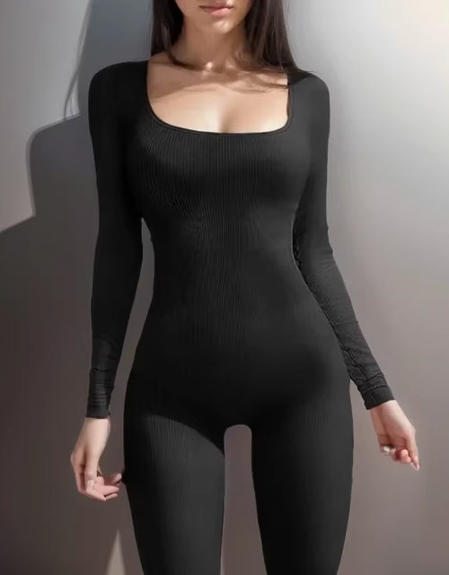 Load image into Gallery viewer, New Threaded Fabric High Quality Women Jumpsuits Long Sleeve Shapewear Hip Lift Yoga Exercise One Piece Jumpsuit with Long Pants