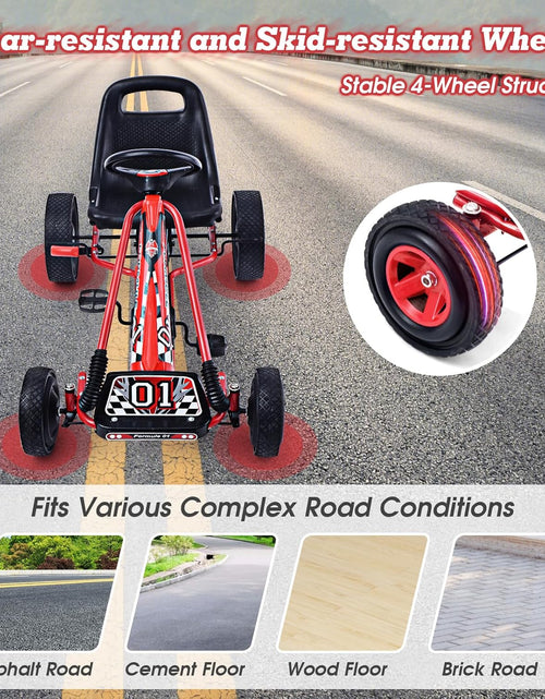 Load image into Gallery viewer, Go Kart for Kids, 4 Wheel Quad Off-Road Pedal on Foot Go Cart W/Steering Wheels & Adjustable Seat, 2 Safety Brakes, EVA Tires, Clutch, Outdoor Racer Ride on Pedal Car (Red)