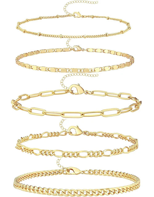 Load image into Gallery viewer, 5PCS Ankle Bracelets for Women Teen Girls, 14K Gold Plated Waterproof Layered Cuban Figaro Link Chain Anklets Set Jewelry Gifts