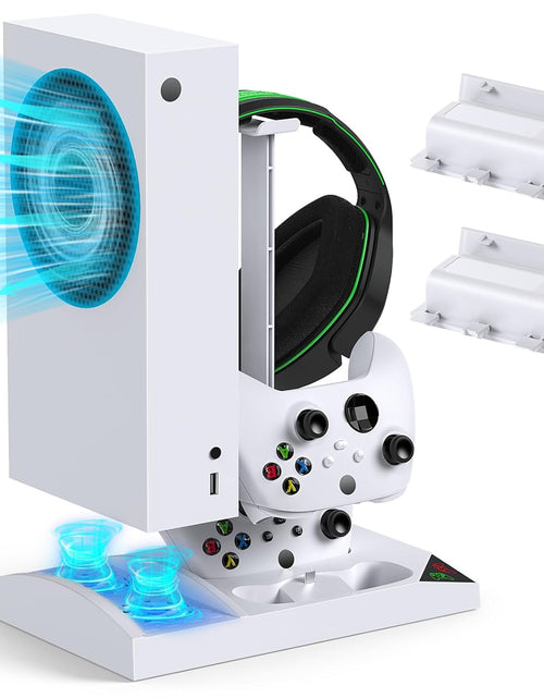 Load image into Gallery viewer, Charger Stand with Cooling Fan for Xbox Series S Console and Controller,Vertical Dual Charging Dock Accessories with 2 X 1400Mah Rechargeable Battery and Cover, Earphone Bracket for XSS