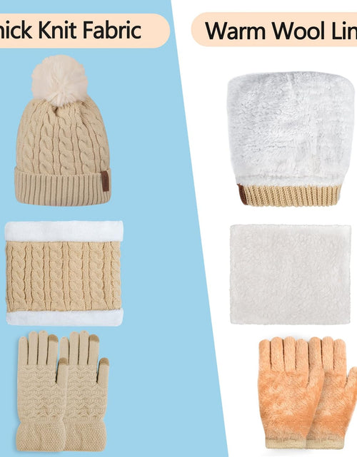Load image into Gallery viewer, 3Pcs Winter Women Beanie Hat Scarf and Touch Screen Gloves Sets Girls Classic Knit Warm Chunky Fleece Lined Cable Cap