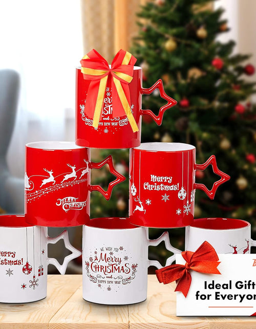 Load image into Gallery viewer, Red & White Christmas Coffee Mugs with Star Handle Set of 6 | Large-Sized Christmas Mugs 14 Ounce New Year Holidays Novelty Christmas Cups - Decorative DIY Christmas Cute Mugs for Hot or Cold