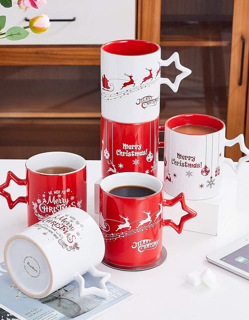 Load image into Gallery viewer, Red & White Christmas Coffee Mugs with Star Handle Set of 6 | Large-Sized Christmas Mugs 14 Ounce New Year Holidays Novelty Christmas Cups - Decorative DIY Christmas Cute Mugs for Hot or Cold
