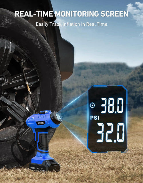 Load image into Gallery viewer, Cordless Tire Inflator Air Compressor 20V Rechargeable Battery Powered 160PSI Portable Handheld Air Pump with 12V Car Power Adapter Digital Pressure Gauge for Cars Motorcycles JY16P160-18(C2)