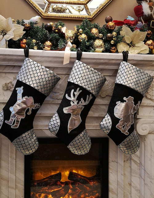 Load image into Gallery viewer, 18'' Luxury Gold Christmas Stockings Shiny Bag for Kids, Family, Set of 3,Santa, Snowman, Reindeer