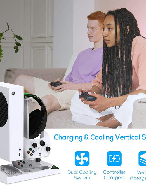 Load image into Gallery viewer, Charger Stand with Cooling Fan for Xbox Series S Console and Controller,Vertical Dual Charging Dock Accessories with 2 X 1400Mah Rechargeable Battery and Cover, Earphone Bracket for XSS