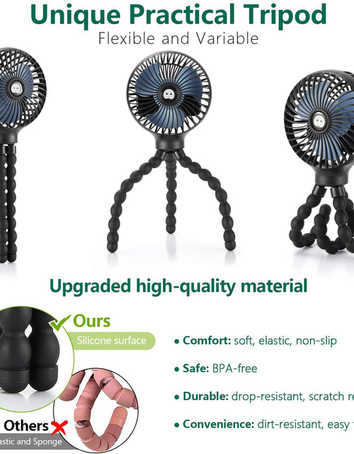 Load image into Gallery viewer, Mini Handheld Personal Portable Fan, Baby Stroller Fan, Car Seat Fan, USB or Battery Powered, with Flexible Tripod Clip on Student Bed Desk Bike Crib Treadmill Camping Traveling(Black)