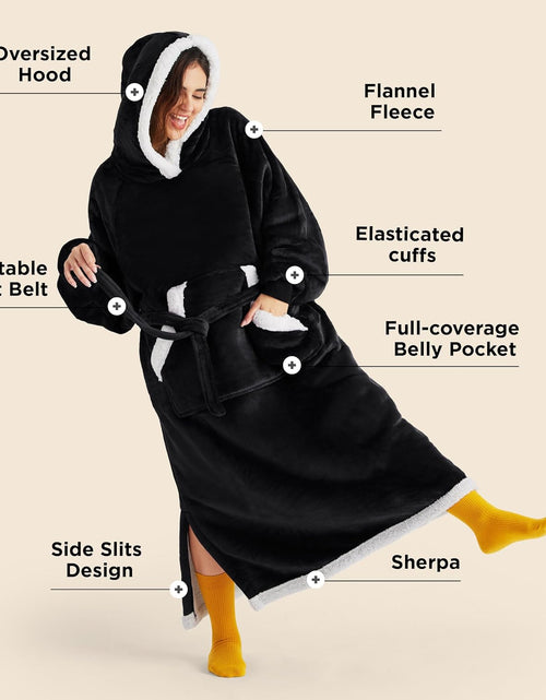 Load image into Gallery viewer, Blanket Hoodie Gifts for Men - Long-Length Wearable Hooded Blanket Sweatshirt Adult with Side Split and Belt, Warm Sherpa Fleece Blanket Jacket, Black