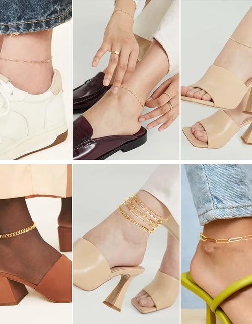Load image into Gallery viewer, 5PCS Ankle Bracelets for Women Teen Girls, 14K Gold Plated Waterproof Layered Cuban Figaro Link Chain Anklets Set Jewelry Gifts