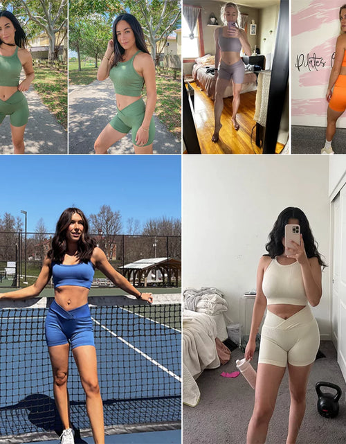 Load image into Gallery viewer, Womens High Waist Running Workout Sets Yoga Shots with Crop Tank Tops Athletic Outfits 2 Piece Sprot Sets