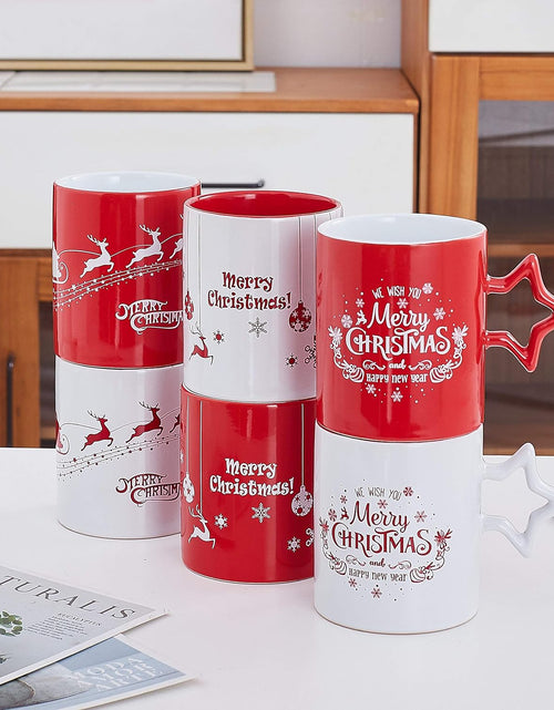 Load image into Gallery viewer, Red & White Christmas Coffee Mugs with Star Handle Set of 6 | Large-Sized Christmas Mugs 14 Ounce New Year Holidays Novelty Christmas Cups - Decorative DIY Christmas Cute Mugs for Hot or Cold
