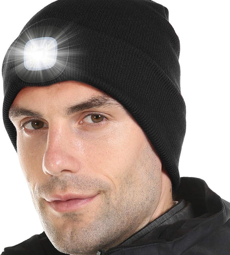 LED Lighted Beanie, Unisex Warm Knitted Hat, Rechargeable Headlamp Cap for Outdoors, Tech Gift for Men Dad Father Him