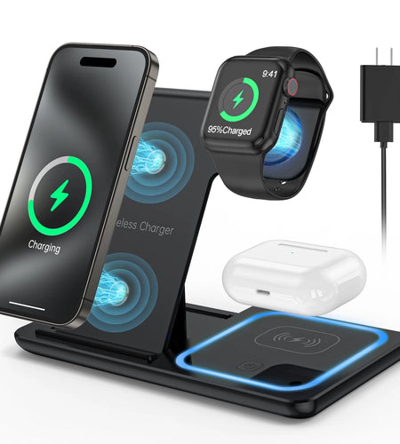 3 in 1 Wireless Charger, 18W Fast Charger Pad Stand Charging Station Dock for Iwatch Series SE 8/7/6/5/4/3 Airpods Pro/3/2 for Iphone 15/14/13/12 /11/Pro Max/12 Mini /XR (With QC3.0 Adapter)