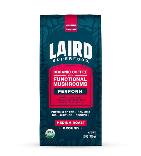 Peruvian Medium Roast Coffee with Functional Mushrooms, Certified Organic Peruvian Ground Coffee Beans, Gluten-Free, Dairy-Free, Non-Gmo, Paleo, Keto Friendly, 12 Oz. Bag
