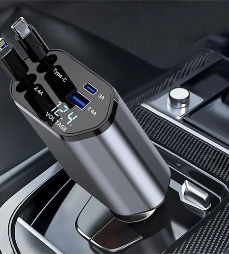 4 in 1 Retractable Car Charger, 100W Fast Car Phone Charger with Iphone and Type C Cable and 2 Charging Ports Car Charger Adapter