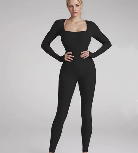 New Threaded Fabric High Quality Women Jumpsuits Long Sleeve Shapewear Hip Lift Yoga Exercise One Piece Jumpsuit with Long Pants