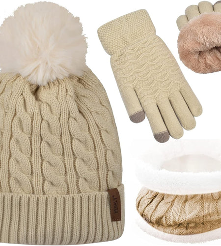 3Pcs Winter Women Beanie Hat Scarf and Touch Screen Gloves Sets Girls Classic Knit Warm Chunky Fleece Lined Cable Cap